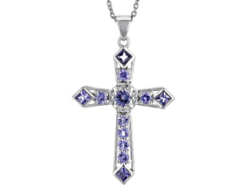 Picture of Blue Tanzanite Rhodium Over Sterling Silver Men's Cross Pendant With Chain 1.65ctw