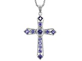 Blue Tanzanite Rhodium Over Sterling Silver Men's Cross Pendant With Chain 1.65ctw