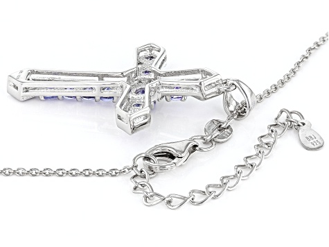 Blue Tanzanite Rhodium Over Sterling Silver Men's Cross Pendant With Chain 1.65ctw