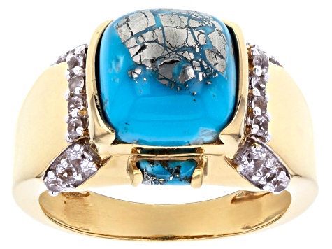 Blue Turquoise 18k Yellow Gold Over Sterling Silver Men's Ring 0.60ctw