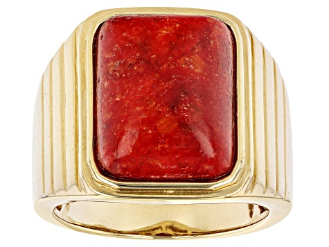 Red Sponge Coral 18K Yellow Gold Over Sterling Silver Solitaire Men's Ring