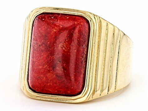 Red Sponge Coral 18K Yellow Gold Over Sterling Silver Solitaire Men's Ring