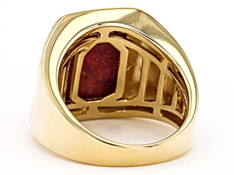 Red Sponge Coral 18K Yellow Gold Over Sterling Silver Solitaire Men's Ring