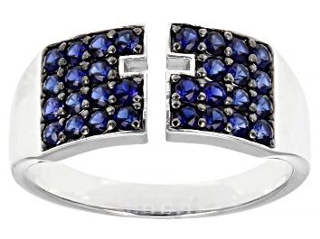 Picture of Lab Created Blue Sapphire Rhodium Over Sterling Silver Men's Ring 1.02ctw