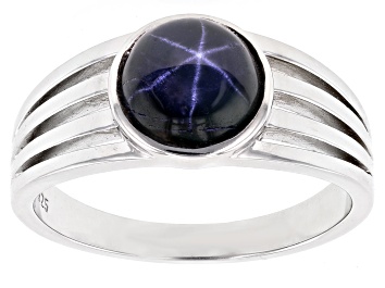 Picture of Blue Star Sapphire Rhodium Over Sterling Silver Men's Ring 3.43ct