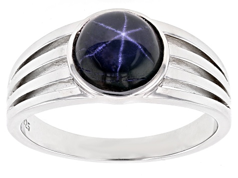 Blue Star Sapphire Rhodium Over Sterling Silver Men's Ring 3.43ct