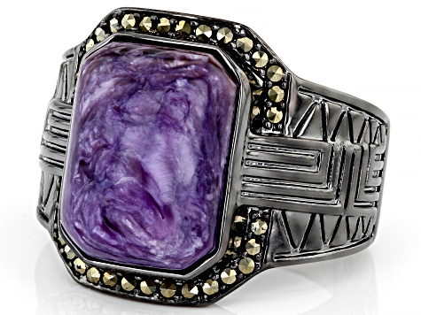 Purple Charoite Black Rhodium Over Brass Men's Ring