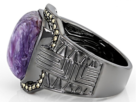 Purple Charoite Black Rhodium Over Brass Men's Ring