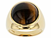 Brown Tigers Eye 18k Yellow Gold Over Sterling Silver Solitaire Men's Ring