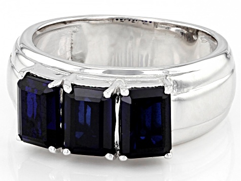 Blue Lab Created Sapphire Rhodium Over Sterling Silver Men's Ring 4.05ctw