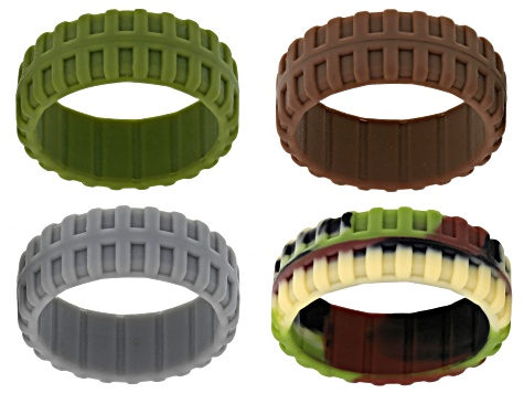 Camo Green, Olive, Grey and Brown Set of 4 Men's Silicone Band Rings