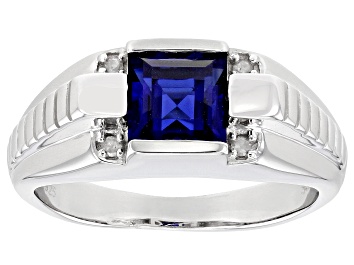 Picture of Blue Lab Created Sapphire Rhodium Over Sterling Silver Men's Ring 2.17ctw