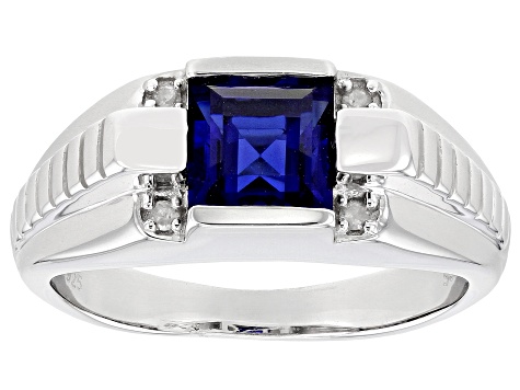 Blue Lab Created Sapphire Rhodium Over Sterling Silver Men's Ring 2.17ctw