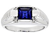 Blue Lab Created Sapphire Rhodium Over Sterling Silver Men's Ring 2.17ctw