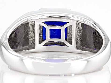 Blue Lab Created Sapphire Rhodium Over Sterling Silver Men's Ring 2.17ctw