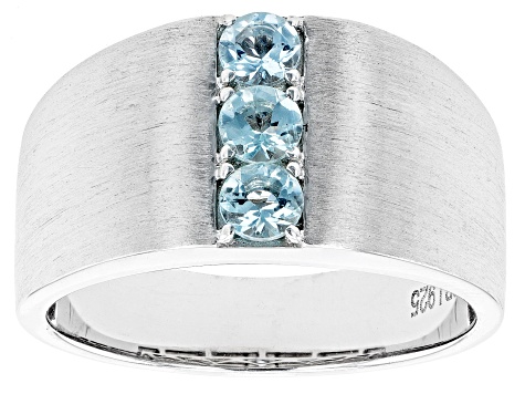 Blue Aquamarine Rhodium Over Sterling Silver Matte Finish Men's Ring 0.67ctw