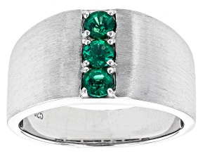 Green Lab Created Emerald Rhodium Over Sterling Silver Matte Finish Men's Ring 0.76ctw