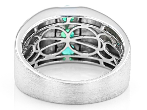 Green Lab Created Emerald Rhodium Over Sterling Silver Matte Finish Men's Ring 0.76ctw