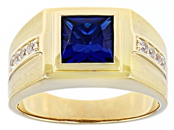 Picture of Blue Lab Created Spinel 18k Yellow Gold Over Sterling Silver Matte Finish Men's Ring 2.50ctw
