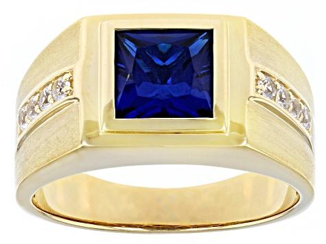 Blue Lab Created Spinel 18k Yellow Gold Over Sterling Silver Matte Finish Men's Ring 2.50ctw