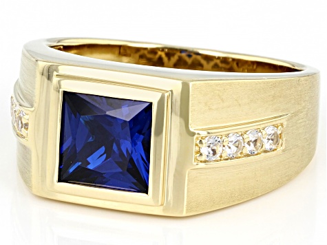 Blue Lab Created Spinel 18k Yellow Gold Over Sterling Silver Matte Finish Men's Ring 2.50ctw