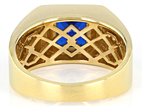 Blue Lab Created Spinel 18k Yellow Gold Over Sterling Silver Matte Finish Men's Ring 2.50ctw