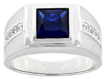 Picture of Blue Lab Created Spinel Rhodium Over Sterling Silver Matte Finish Men's Ring 2.50ctw