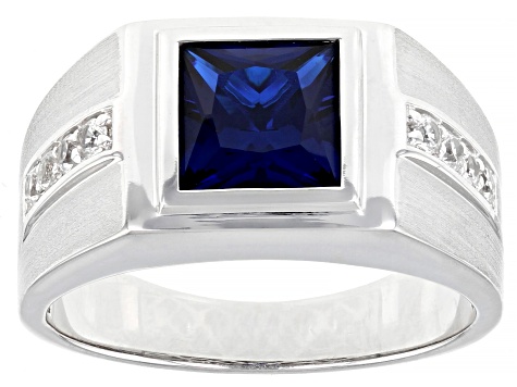 Blue Lab Created Spinel Rhodium Over Sterling Silver Matte Finish Men's Ring 2.50ctw