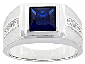 Blue Lab Created Spinel Rhodium Over Sterling Silver Matte Finish Men's Ring 2.50ctw