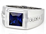 Blue Lab Created Spinel Rhodium Over Sterling Silver Matte Finish Men's Ring 2.50ctw