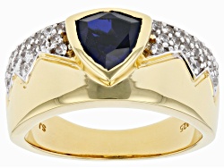 Blue Lab Created Sapphire 18k Yellow Gold Over Sterling Silver Men's Ring 3.07ctw