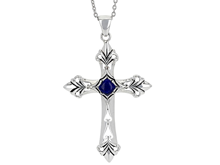 Blue Lapis Lazuli Sterling Silver Men's Cross Pendant With