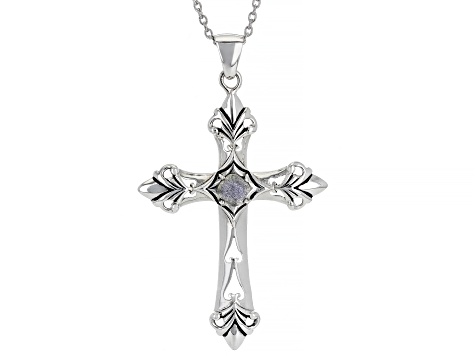 Gray Labradorite Sterling Silver Men's Cross Pendant With Chain