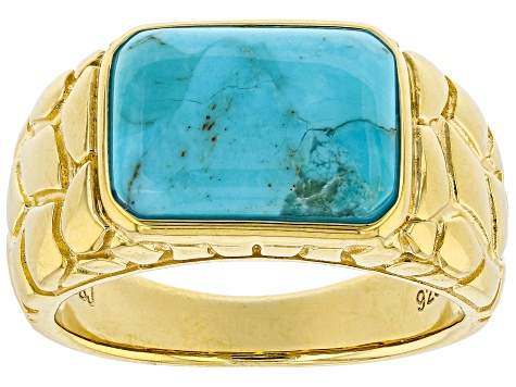 Blue Turquoise 18k Yellow Gold Over Sterling Silver Men's Ring