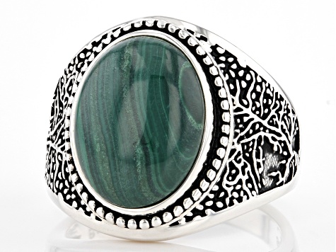 Green Malachite Sterling Silver Men's Tree of Life Ring