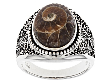 Picture of Brown Ammonite Sterling Silver Men's Tree of Life Ring