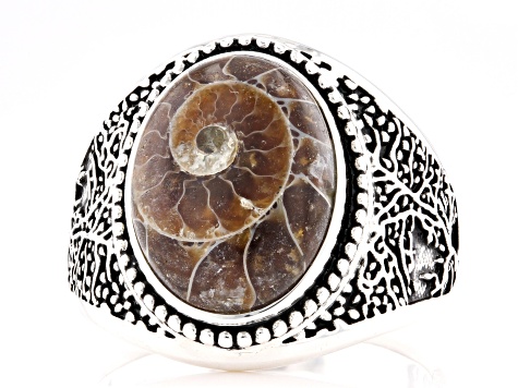 Brown Ammonite Sterling Silver Men's Tree of Life Ring