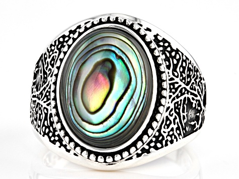 Multi-Color Abalone Shell Sterling Silver Men's Tree of Life Ring