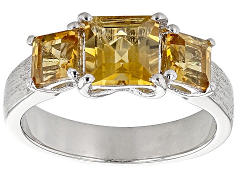 Yellow Citrine Brushed Platinum Over Sterling Silver 3-Stone Men's Ring