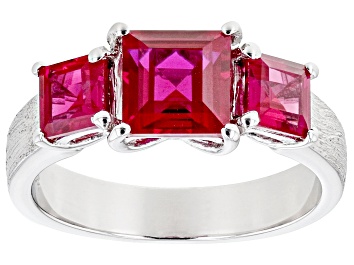 Picture of Red Lab Created Ruby Brushed Platinum Over Sterling Silver 3-Stone Men's Ring 3.44ctw