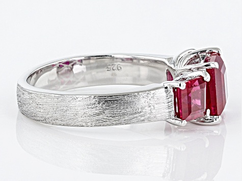 Red Lab Created Ruby Brushed Platinum Over Sterling Silver 3-Stone Men's Ring 3.44ctw