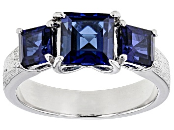 Picture of Blue Lab Created Sapphire Brushed Platinum Over Sterling Silver 3-Stone Men's Ring 3.57ctw