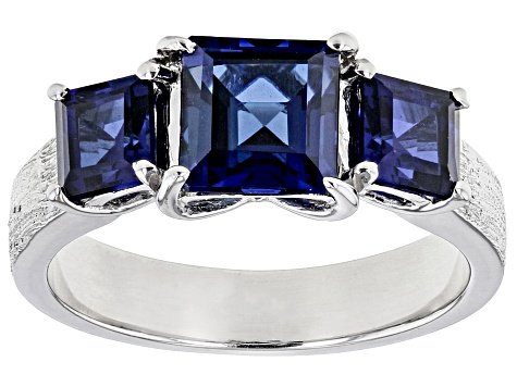 Blue Lab Created Sapphire Brushed Platinum Over Sterling Silver 3-Stone Men's Ring 3.57ctw