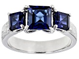 Blue Lab Created Sapphire Brushed Platinum Over Sterling Silver 3-Stone Men's Ring 3.57ctw