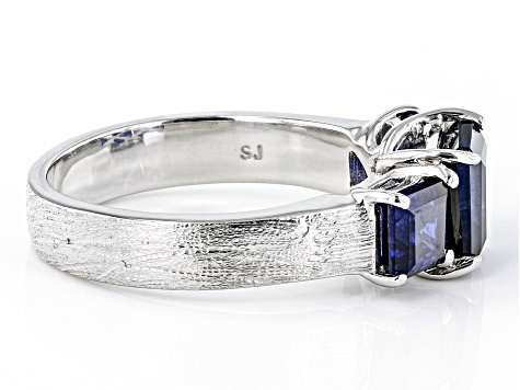 Blue Lab Created Sapphire Brushed Platinum Over Sterling Silver 3-Stone Men's Ring 3.57ctw