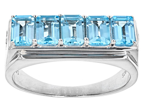 Swiss Blue Topaz Rhodium Over Sterling Silver 5-Stone Men's Ring 3.09ctw