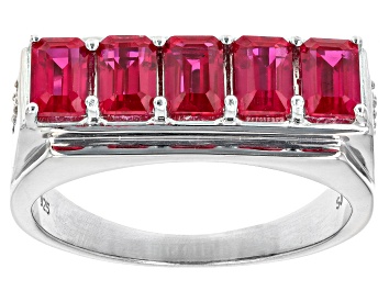 Picture of Red Lab Created Ruby Rhodium Over Sterling Silver 5-Stone Men's Ring 2.67ctw