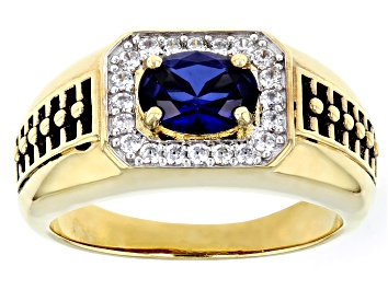 Picture of Blue Lab Created Sapphire 18k Yellow Gold Over Sterling Silver Men's Ring 1.65ctw