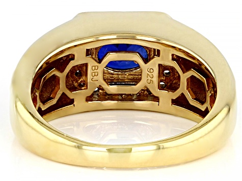Blue Lab Created Sapphire 18k Yellow Gold Over Sterling Silver Men's Ring 1.65ctw
