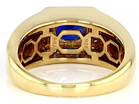 Blue Lab Created Sapphire 18k Yellow Gold Over Sterling Silver Men's Ring 1.65ctw